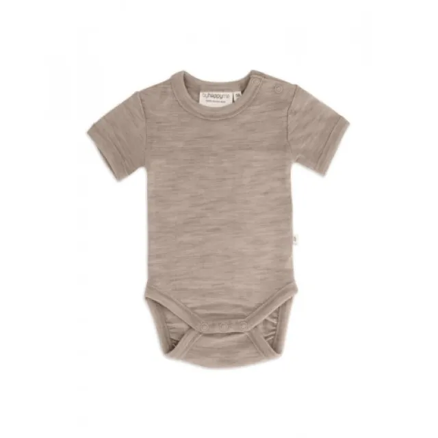 Body Med Kort Ærme Og Knaplukning Over Den Ene Skulder Til Baby, I 100% Økologisk Merino Uld Beige Melange 86