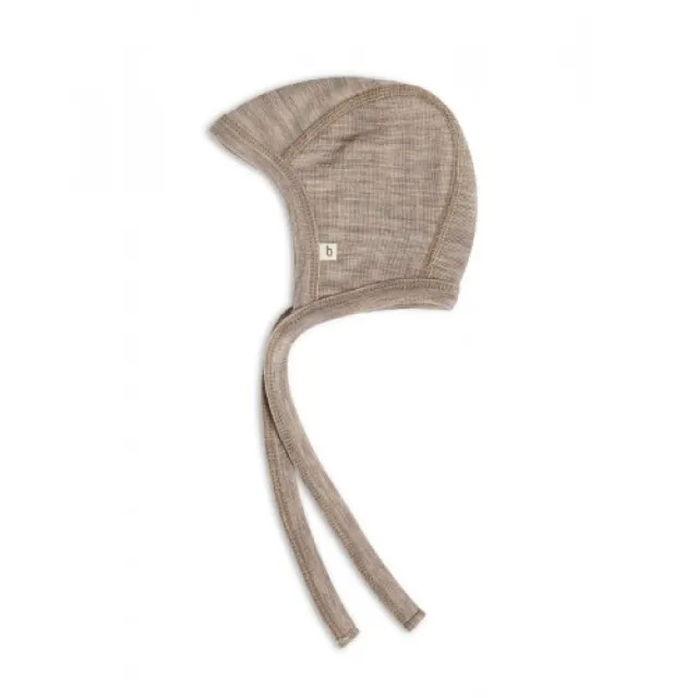 Baby Hjelm Med Snor I 100% Økologisk Merino Uld, Tynd Kvalitet - 1 Lag Stof 86/92 Beige Melange