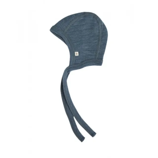 Baby Hjelm Med Snor I 100% Økologisk Merino Uld, Tynd Kvalitet - 1 Lag Stof 62/68 Blue Melange