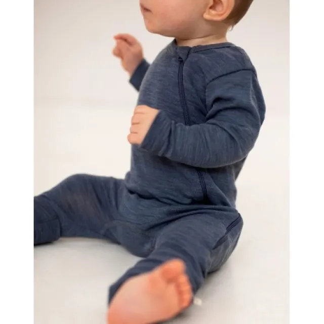 Heldragt I 100% Økologisk Merino Uld Med Lynlås I Siden Til Baby Navy Melange 56