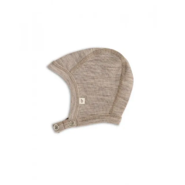 Baby Hjelm Med Trykknapper I 100% Økologisk Merino Uld, Tyk Kvalitet - 2 Lag Stof 50/56 Beige Melange