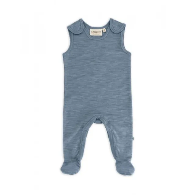 Retro Sparkedragt Med Fod Og Trykknapper På Indersiden Af Benene Til Baby, I 100% Økologisk Merino Uld Blue Melange 56