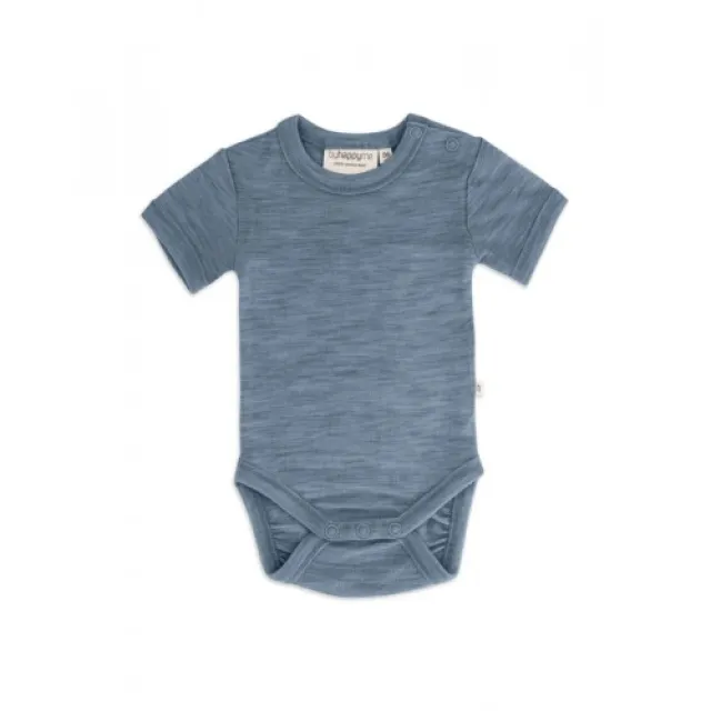 Body Med Kort Ærme Og Knaplukning Over Den Ene Skulder Til Baby, I 100% Økologisk Merino Uld 92 Blue Melange
