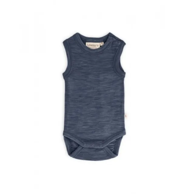 Body Uden Ærmer Og Knaplukning Over Den Ene Skulder Til Baby I 100% Økologisk Merino Uld Navy Melange 86