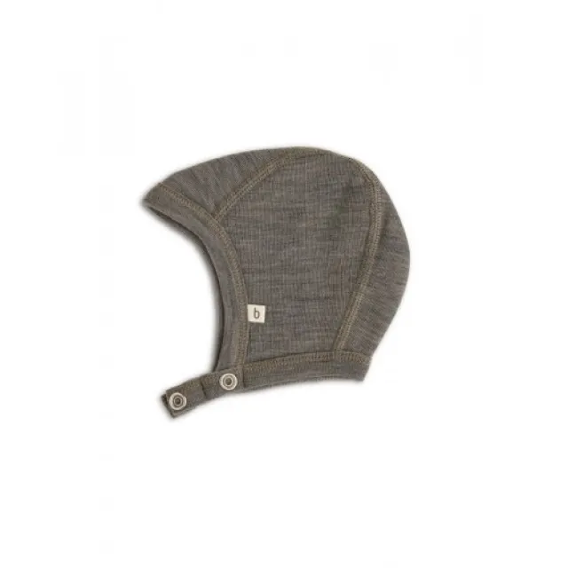 Baby Hjelm Med Trykknapper I 100% Økologisk Merino Uld, Tyk Kvalitet - 2 Lag Stof 74/80 Light Brown Melange