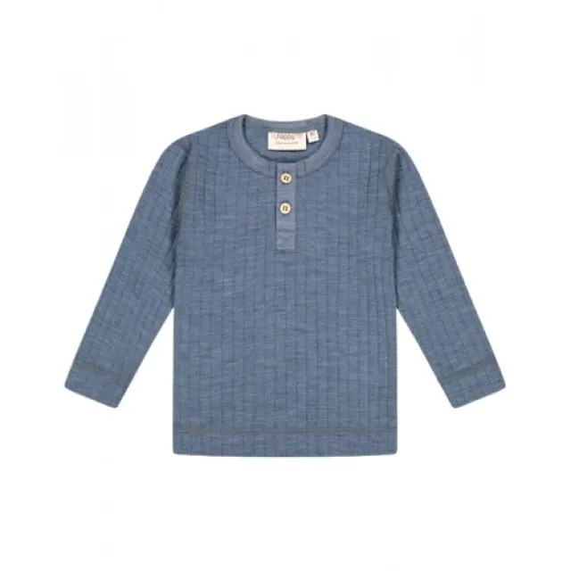 Granddad T-shirt Med Lange Ærmer I Dropneedle-strik, 100% Merino Uld, Oeko-tex® Blue Melange 86