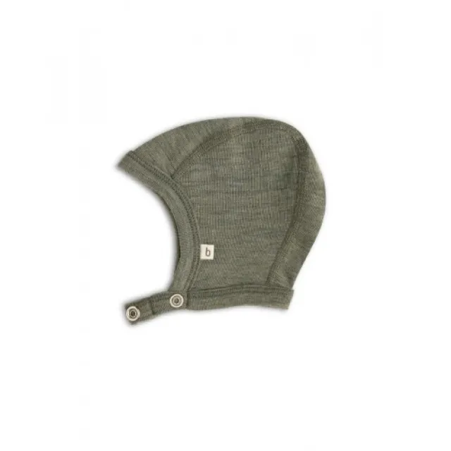 Baby Hjelm Med Trykknapper I 100% Økologisk Merino Uld, Tyk Kvalitet - 2 Lag Stof 50/56 Moss Melange