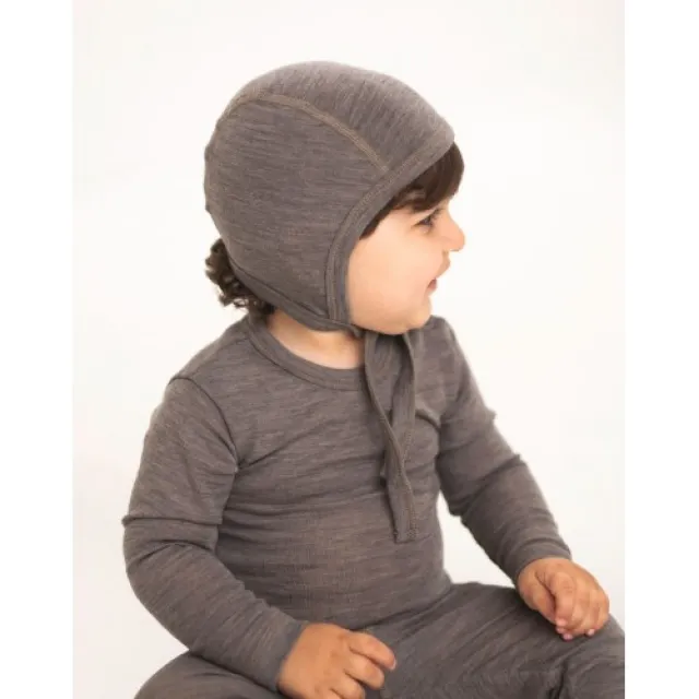 Baby Hjelm Med Snor I 100% Økologisk Merino Uld, Tynd Kvalitet - 1 Lag Stof 86/92 Light Brown Melange