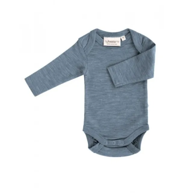 Body Med Lang Ærme Og Amerikansk Lukning Til Baby I 100% Økologisk Merino Uld Blue Melange 74