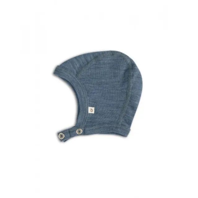 Baby Hjelm Med Trykknapper I 100% Økologisk Merino Uld, Tyk Kvalitet - 2 Lag Stof 74/80 Blue Melange