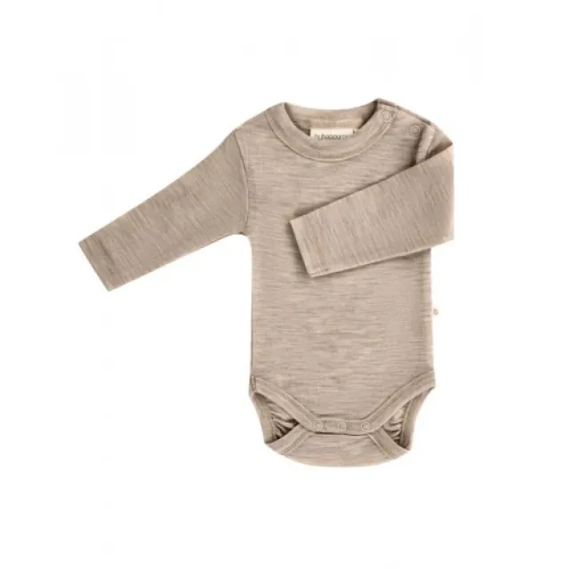 Body Med Lang Ærme Og Rund Hals I 100% Økologisk Merino Uld Til Baby Beige Melange 80