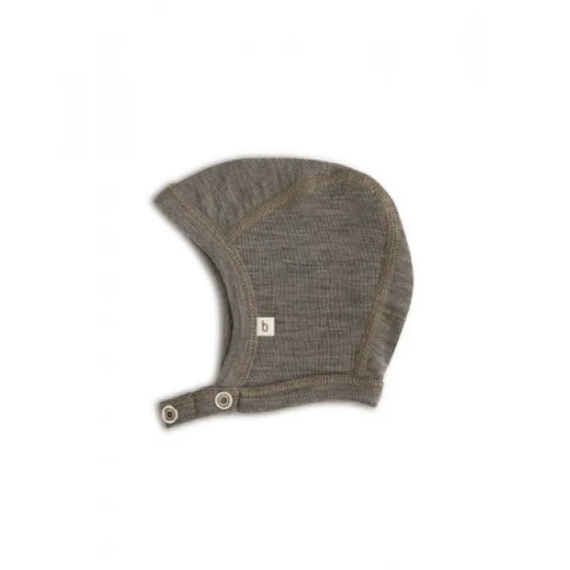 Baby Hjelm Med Trykknapper I 100% Økologisk Merino Uld, Tynd Kvalitet - 1 Lag Stof 74/80 Light Brown Melange