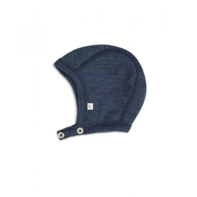 Baby Hjelm Med Trykknapper I 100% Økologisk Merino Uld, Tynd Kvalitet - 1 Lag Stof 86/92 Navy Melange