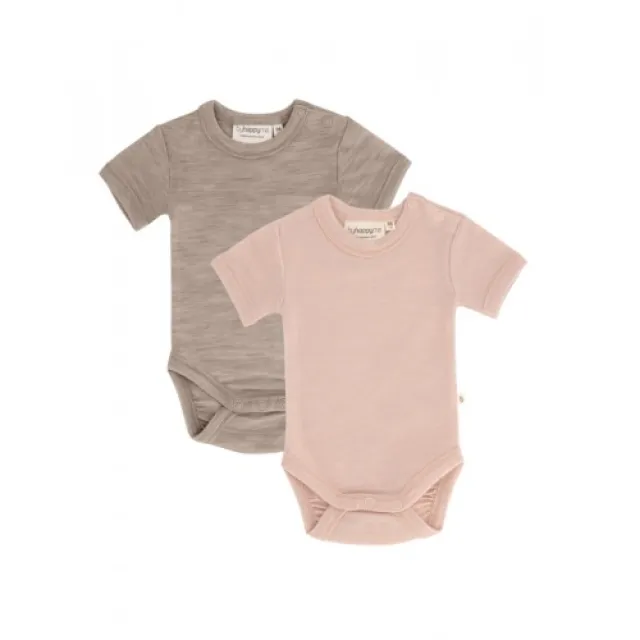 Body Med Kort Ærme Og Knaplukning Over Den Ene Skulder Til Baby, I 100% Økologisk Merino Uld, 2-pak 74 Beige - Rose Melange