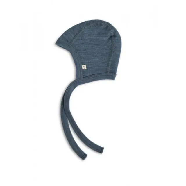 Baby Hjelm Med Snor I 100% Økologisk Merino Uld, Tyk Kvalitet - 2 Lag Stof 50/56 Blue Melange