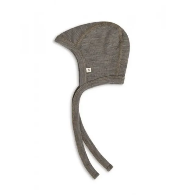 Baby Hjelm Med Snor I 100% Økologisk Merino Uld, Tyk Kvalitet - 2 Lag Stof 62/68 Light Brown Melange